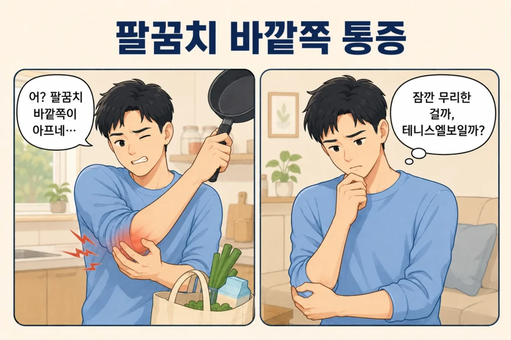 프라이팬을 들 때 팔꿈치 바깥쪽 통증을 느끼고, 잠깐 무리한 것인지 테니스엘보인지 고민하는 BodyHint 대표 남성 캐릭터의 공감형 2컷 만화 이미지