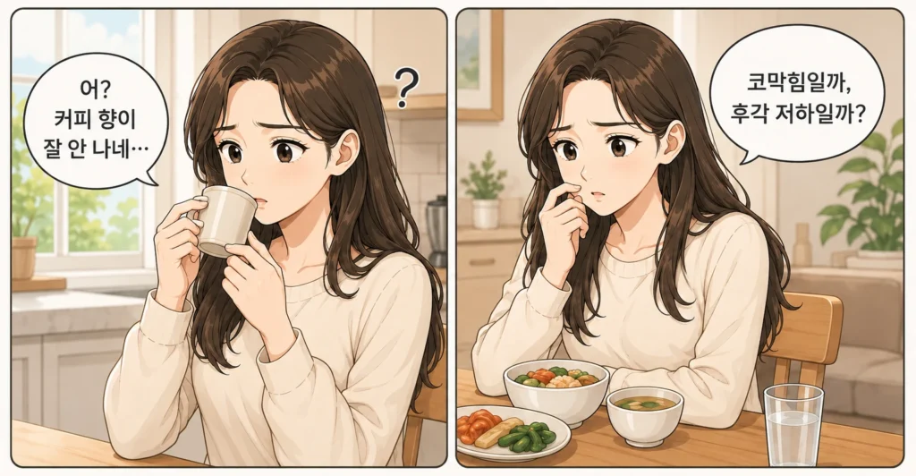 커피 향이 잘 느껴지지 않아 코막힘과 후각 저하를 걱정하는 여성의 공감형 2컷 만화