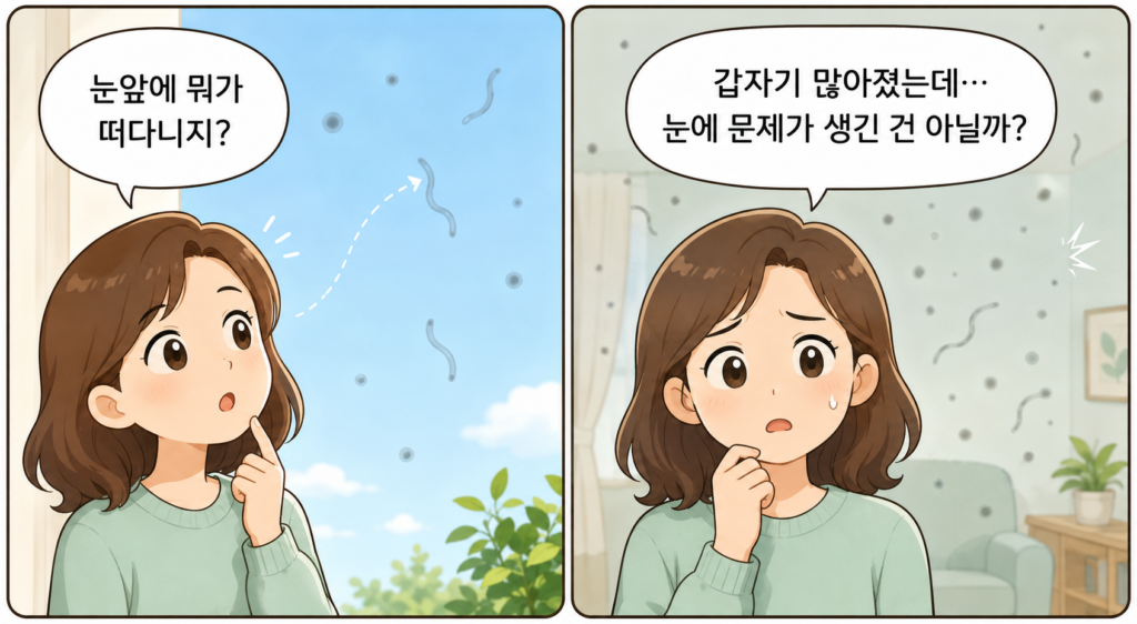 밝은 배경을 볼 때 눈앞에 검은 점과 실 같은 것이 보여 확인하고 걱정하는 일반인의 2컷 만화