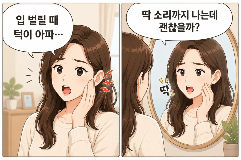 입을 벌릴 때 턱이 아프고 딱 소리까지 나서 턱관절 문제인지 걱정하는 대표 여성 캐릭터의 공감형 2컷 만화