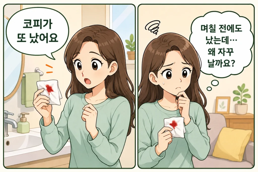 며칠 전에도 났던 코피가 다시 나자 피 묻은 휴지를 들고 반복되는 이유를 걱정하는 여성 대표 캐릭터의 공감형 2컷 만화