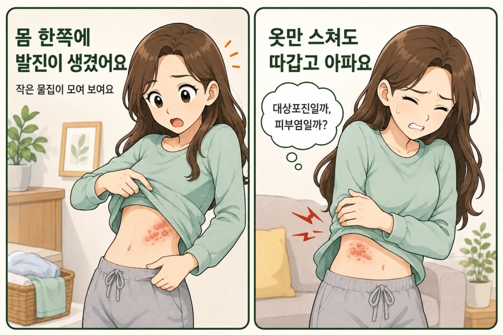 몸 한쪽에 작은 물집이 모인 발진을 발견한 뒤 옷만 스쳐도 따갑고 아파 대상포진인지 피부염인지 걱정하는 여성 대표 캐릭터의 공감형 2컷 만화