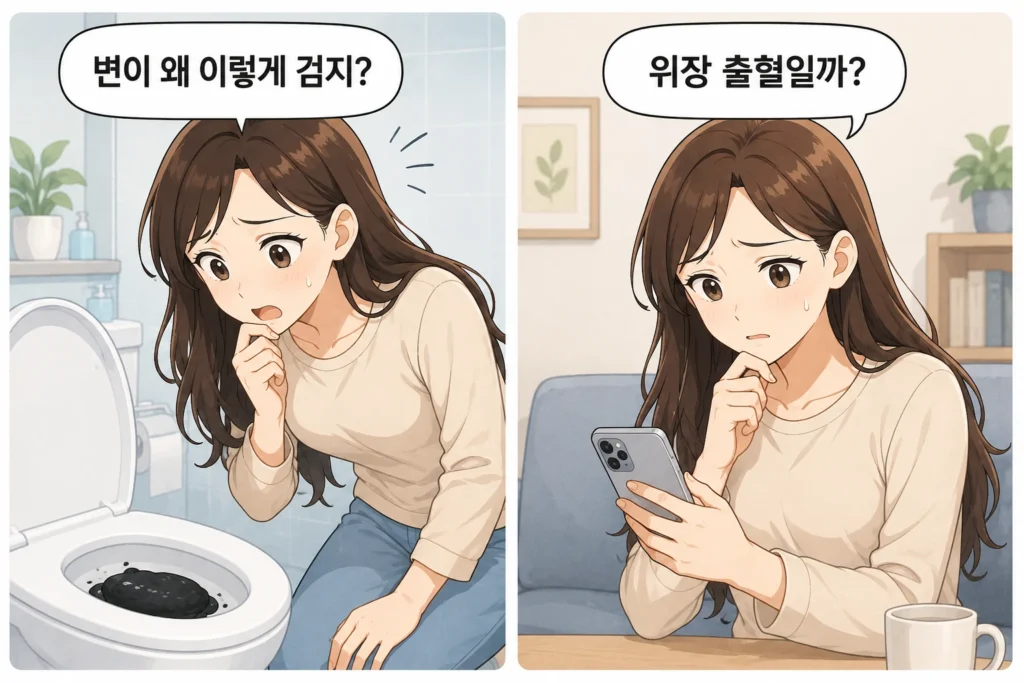 검은 변을 보고 놀란 여성과 위장 출혈인지 걱정하며 휴대폰으로 확인하는 모습을 담은 2컷 공감형 만화