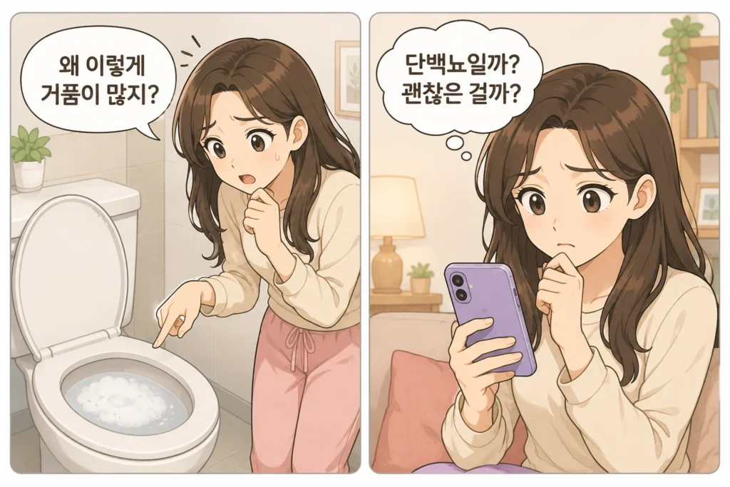 소변 거품을 보고 놀란 여성과 단백뇨인지 걱정하며 휴대폰으로 확인하는 모습을 담은 2컷 공감형 만화