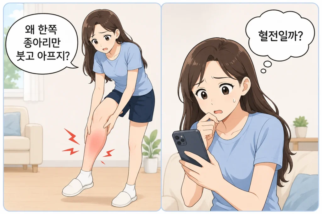 한쪽 종아리가 붓고 아파 걱정하는 여성과 혈전인지 불안해하며 휴대폰으로 확인하는 모습을 담은 2컷 공감형 만화