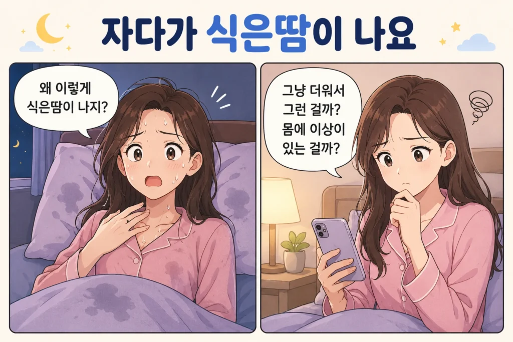자다가 식은땀을 흠뻑 흘리고 놀란 여성과 단순히 더워서 그런지 몸에 이상이 있는지 걱정하며 휴대폰을 확인하는 모습을 담은 2컷 공감형 만화