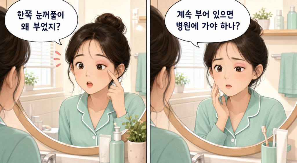 한쪽 눈꺼풀이 갑자기 부어 거울로 확인하고 증상이 계속될까 걱정하는 일반인의 2컷 만화