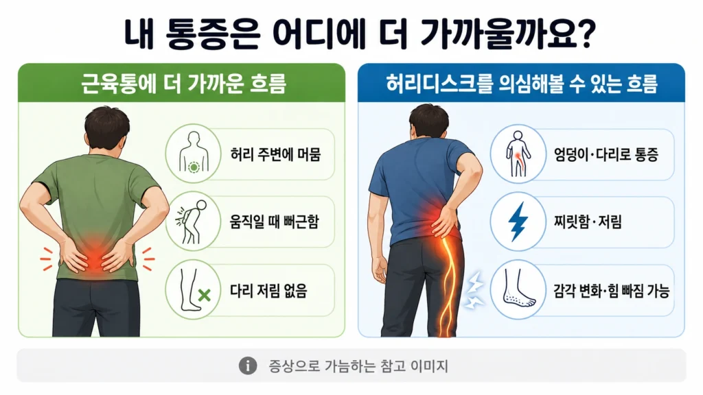 허리 주변에 머무는 뻐근한 통증은 근육통에 더 가까울 수 있고, 엉덩이와 다리로 퍼지는 통증·저림·감각 변화는 허리디스크를 의심해볼 수 있음을 비교한 이미지