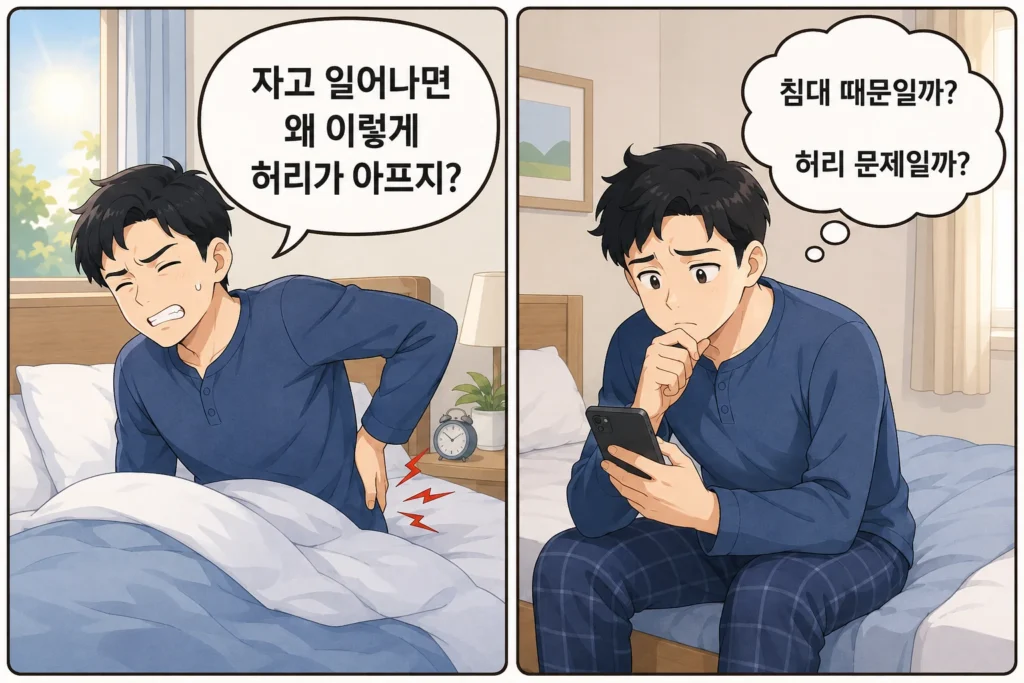 자고 일어나 허리를 붙잡고 통증을 느끼는 남성과 침대 때문인지 허리 문제인지 휴대폰으로 검색하며 걱정하는 모습을 담은 2컷 공감형 만화