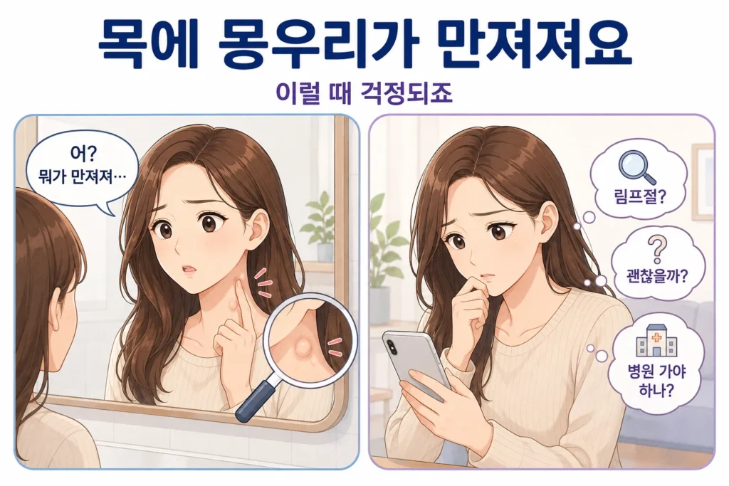 목에 몽우리가 만져진 것을 발견하고 림프절인지 병원에 가야 하는지 걱정하는 여성의 공감형 2컷 만화