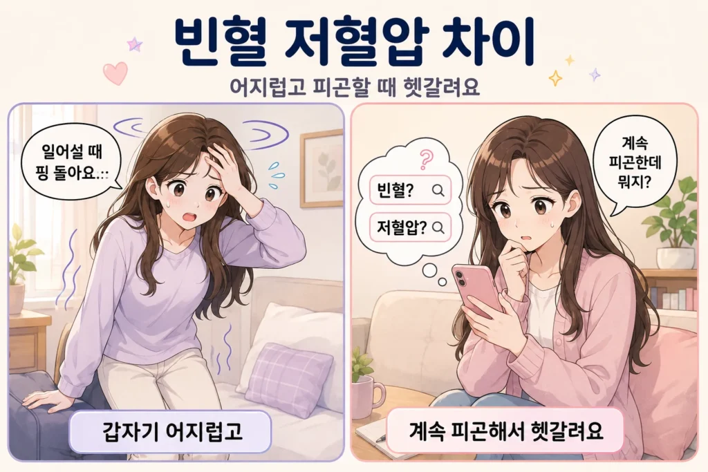빈혈과 저혈압 차이를 궁금해하는 긴 갈색 머리 여성 대표캐릭터가 일어설 때 갑자기 어지러운 모습과 계속 피곤해 스마트폰으로 빈혈과 저혈압을 검색하는 모습을 담은 2컷 공감 만화