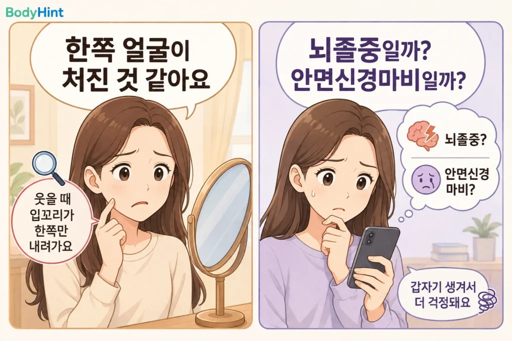 한쪽 얼굴이 갑자기 처진 긴 갈색 머리 여성 대표캐릭터가 거울로 한쪽 입꼬리 처짐을 확인하고, 스마트폰으로 뇌졸중과 안면신경마비 가능성을 검색하며 걱정하는 모습을 담은 2컷 공감 만화