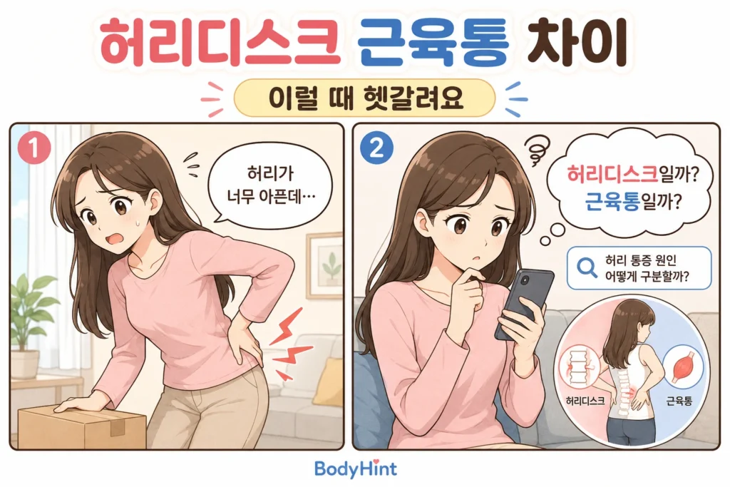 허리 통증이 생긴 긴 갈색 머리 여성 대표캐릭터가 무거운 상자를 들다 허리를 잡고 아파하는 모습과, 스마트폰으로 허리디스크와 근육통 차이를 검색하며 걱정하는 모습을 담은 2컷 공감 만화