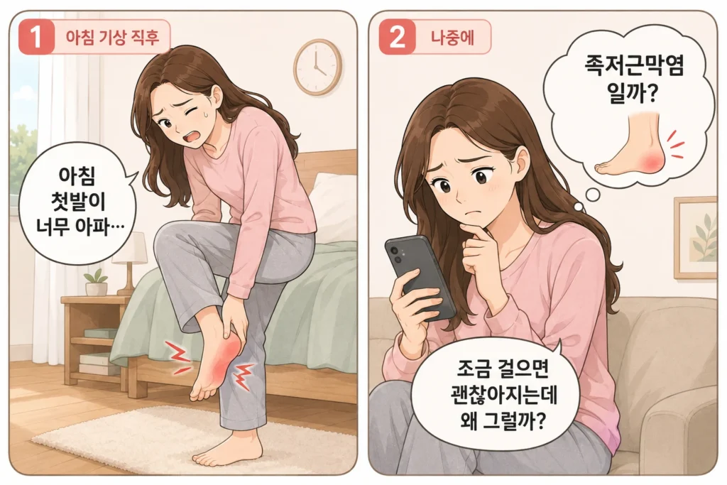아침에 첫발을 디딜 때 발뒤꿈치와 발바닥이 아파 걱정하는 긴 갈색 머리 여성 대표캐릭터가, 조금 걸으면 통증이 나아지는 이유와 족저근막염 가능성을 스마트폰으로 검색하는 모습을 담은 2컷 공감 만화