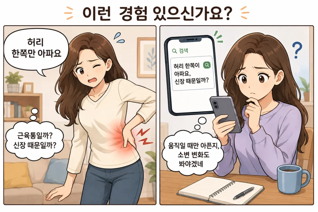 허리 한쪽이 아픈 긴 갈색 머리 여성 대표캐릭터가 통증 부위를 짚으며 근육통인지 신장 문제인지 걱정하는 모습과, 스마트폰으로 한쪽 허리 통증과 신장 원인을 검색하는 모습을 담은 2컷 공감 만화