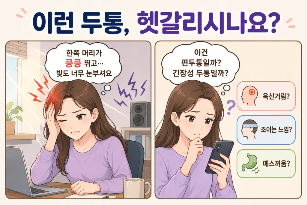 긴 갈색 머리 여성 대표캐릭터가 한쪽 머리가 쿵쿵 뛰고 빛이 눈부신 두통을 느끼는 모습과, 스마트폰으로 편두통인지 긴장형 두통인지 검색하며 욱신거림·조이는 느낌·메스꺼움을 비교하는 모습을 담은 2컷 공감 만화
