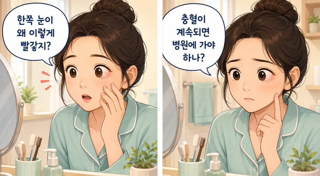 한쪽 눈이 갑자기 빨개져 거울로 확인하고 충혈이 계속될까 걱정하는 일반인의 2컷 만화