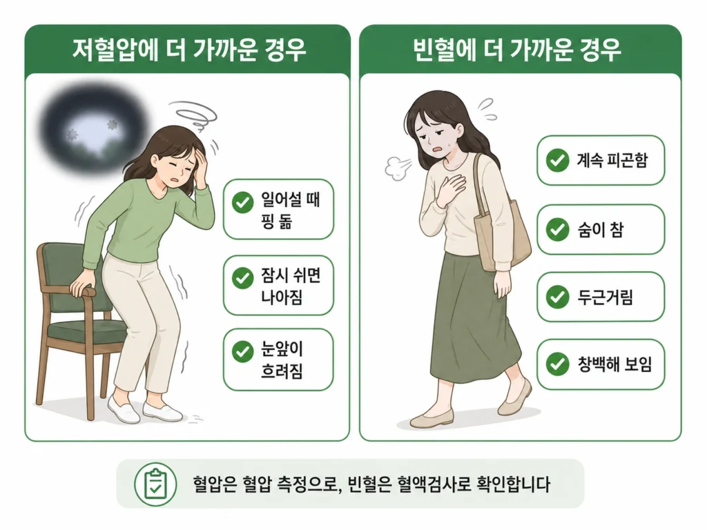 일어설 때 갑자기 핑 돌고 눈앞이 흐려지는 저혈압 흐름과, 계속되는 피로·숨참·두근거림·창백함이 나타나는 빈혈 흐름을 비교한 이미지