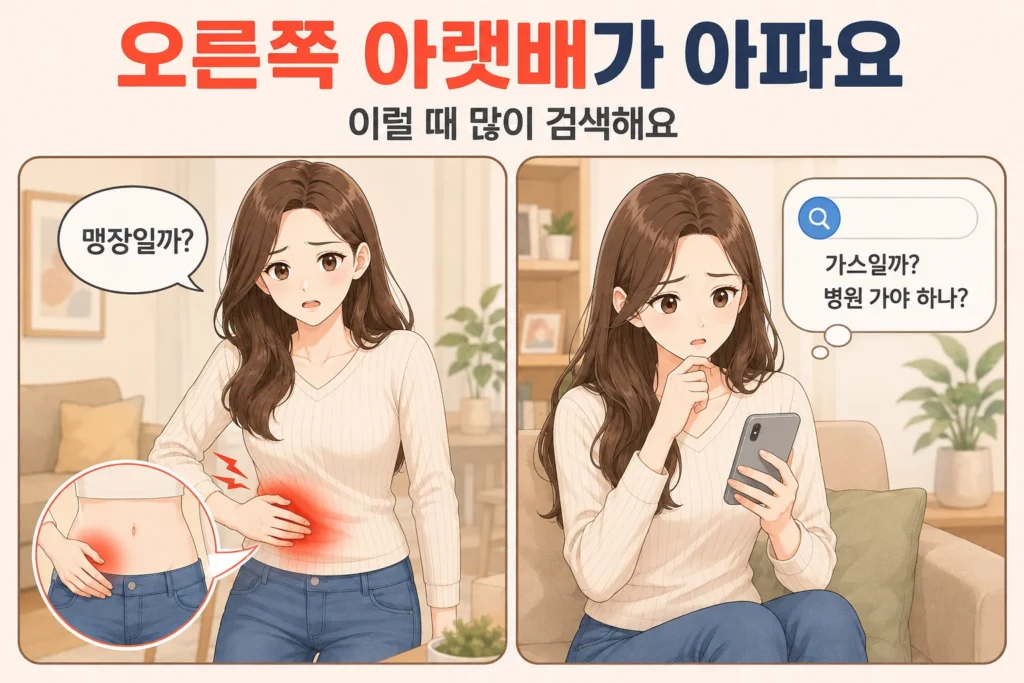 오른쪽 아랫배 통증으로 배를 짚으며 맹장염을 걱정하는 여성과 스마트폰으로 가스인지 병원 진료가 필요한지 검색하는 모습을 담은 공감형 2컷 만화