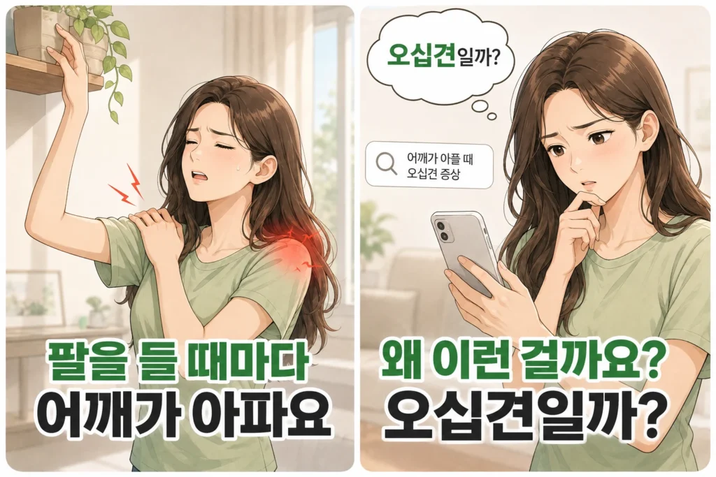 팔을 들 때마다 어깨 통증을 느끼는 여성과 스마트폰으로 오십견 여부를 검색하는 모습을 담은 공감형 2컷 만화