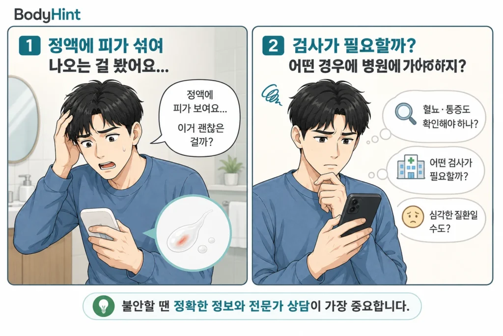 정액에 피가 섞인 것을 보고 놀란 남성과 스마트폰으로 검사 필요 여부와 혈뇨·통증 같은 동반 증상을 검색하는 모습을 담은 공감형 2컷 만화