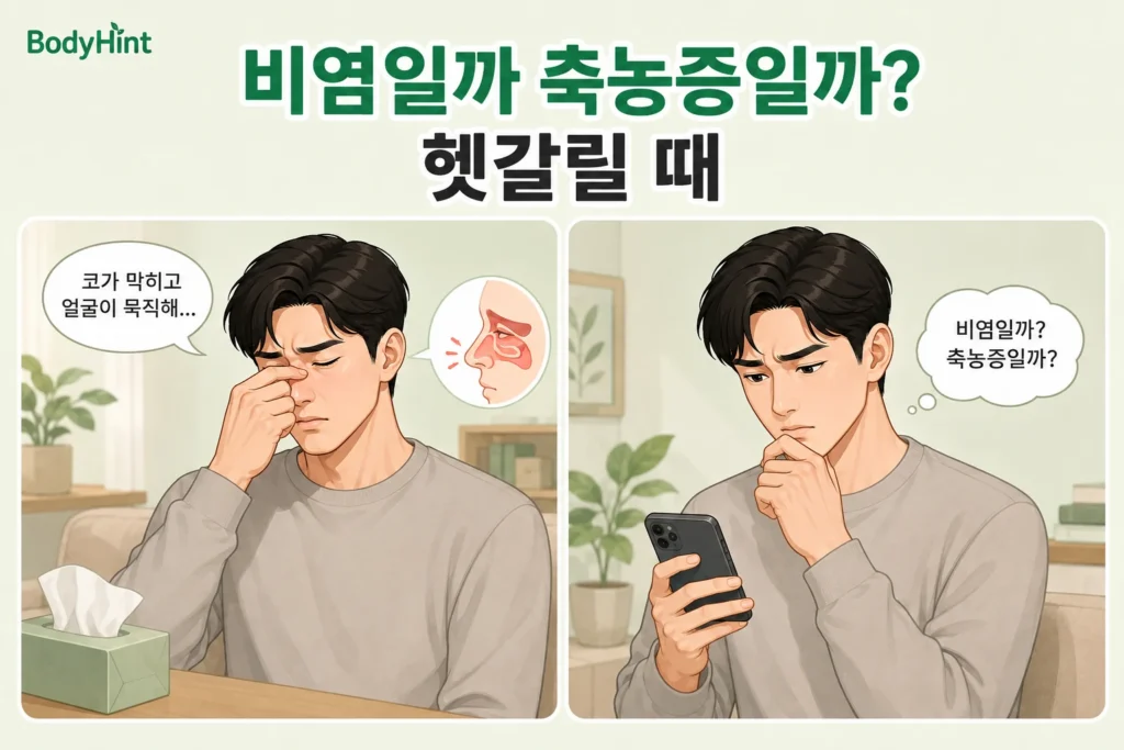 코가 막히고 얼굴이 묵직해 비염인지 축농증인지 고민하며 스마트폰으로 검색하는 남성의 공감형 2컷 만화