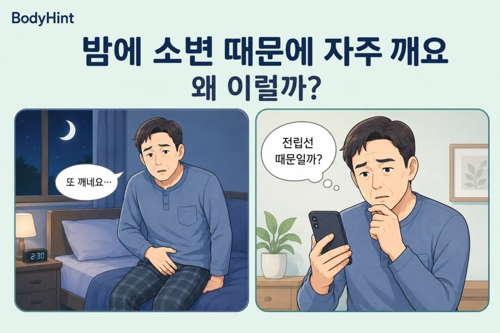 밤에 소변 때문에 반복해서 잠에서 깨고 전립선 문제인지 걱정하며 스마트폰으로 검색하는 중년 남성의 공감형 2컷 만화