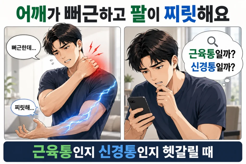 어깨의 뻐근한 통증과 팔로 퍼지는 찌릿한 저림을 느끼며 근육통인지 신경통인지 스마트폰으로 검색하는 남성 대표캐릭터의 공감형 2컷 만화