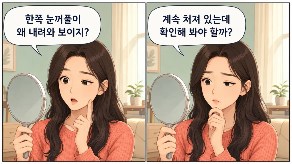 한쪽 눈꺼풀이 내려와 보이는 이유를 걱정하며 거울로 확인하고, 계속 처진 눈꺼풀을 진료로 확인해야 할지 고민하는 여성의 공감형 2컷 만화
