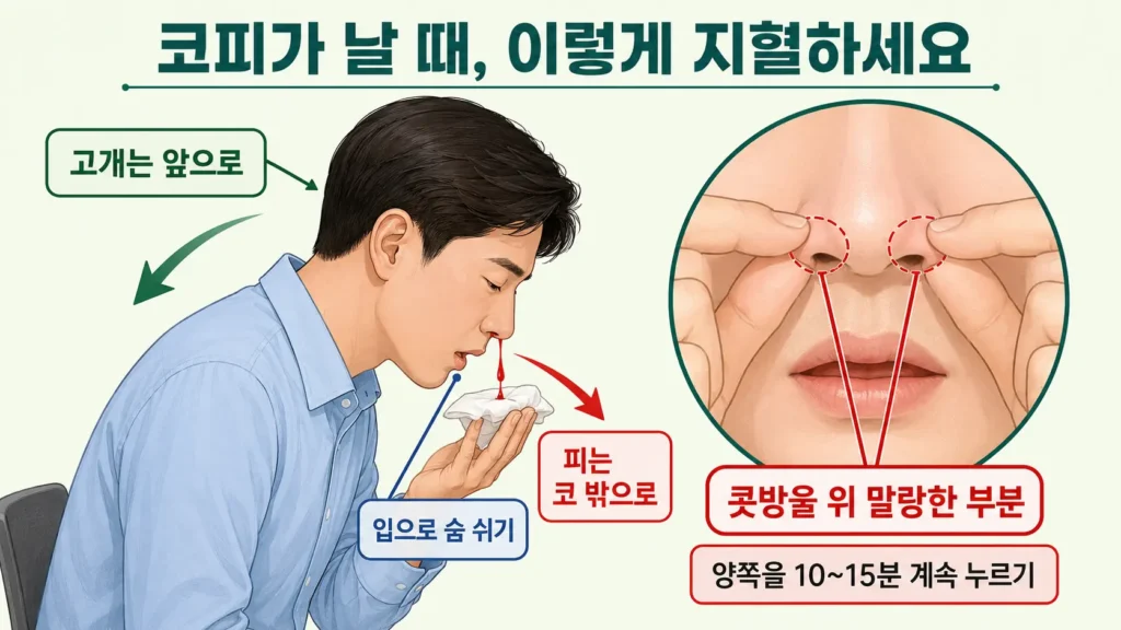 고개를 앞으로 기울인 자세, 피가 코 밖으로 흐르는 방향, 콧방울 위 말랑한 압박 위치를 한 화면에서 보여주는 가로형 이미지
