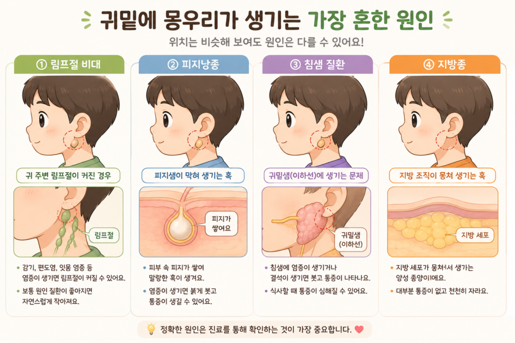 림프절, 귀밑샘, 피지낭종 위치를 비교한 의료 일러스트