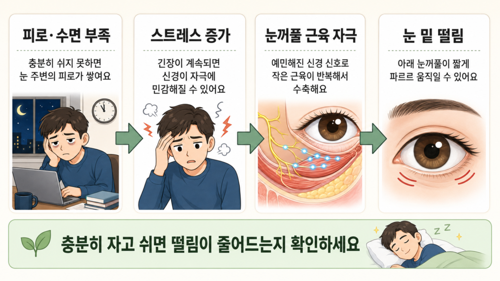 피로와 수면 부족으로 눈꺼풀 주변 신경과 근육이 예민해져 눈 밑 떨림이 나타나는 과정을 설명한 일러스트