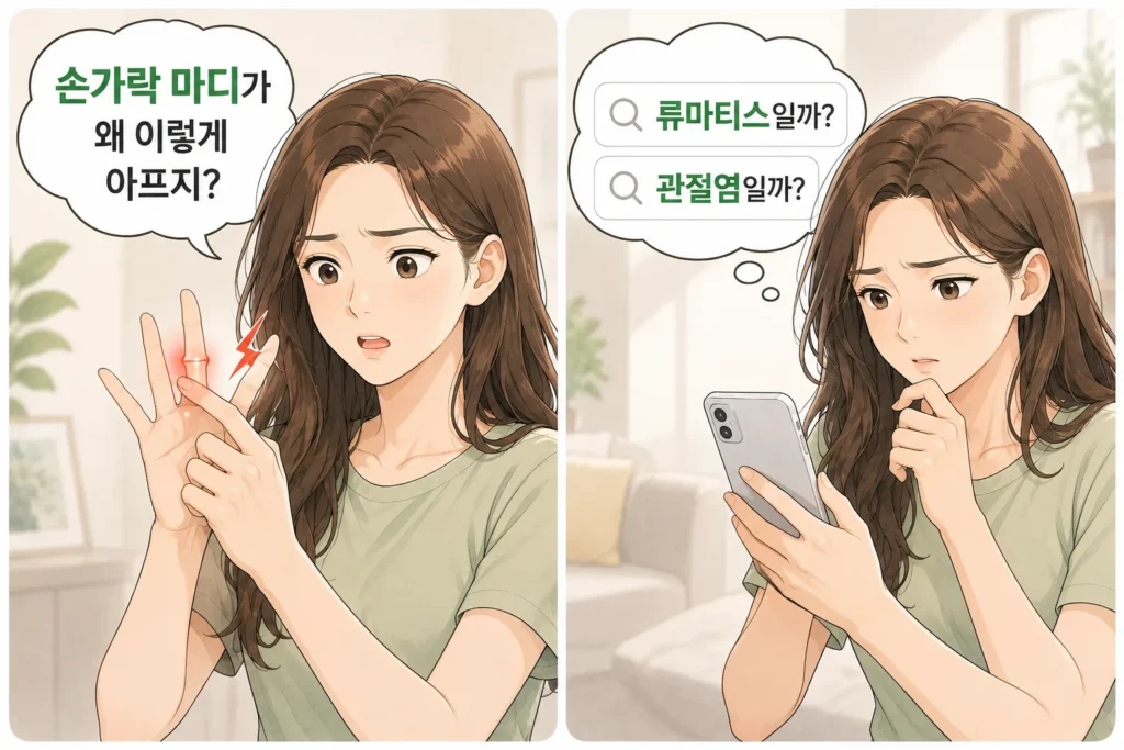 손가락 마디 통증으로 아픈 관절을 확인하는 여성과 스마트폰으로 류마티스관절염과 관절염 여부를 검색하는 모습을 담은 공감형 2컷 만화
