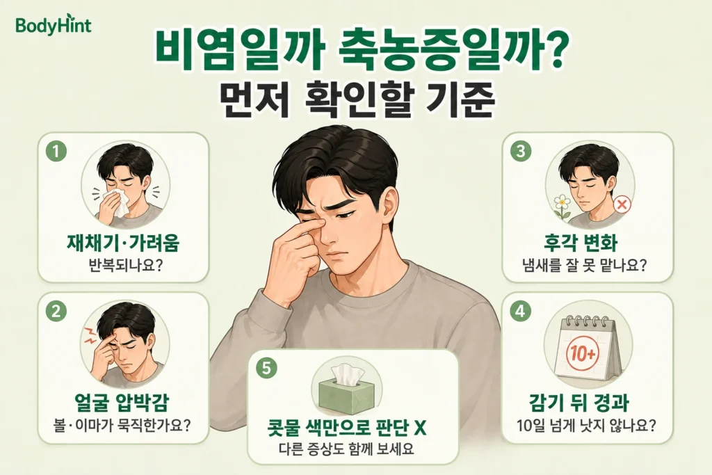 비염과 축농증을 구분할 때 재채기·가려움, 얼굴 압박감, 후각 변화, 감기 뒤 경과, 콧물 색을 확인하는 기준을 남성 대표캐릭터와 함께 정리한 이미지