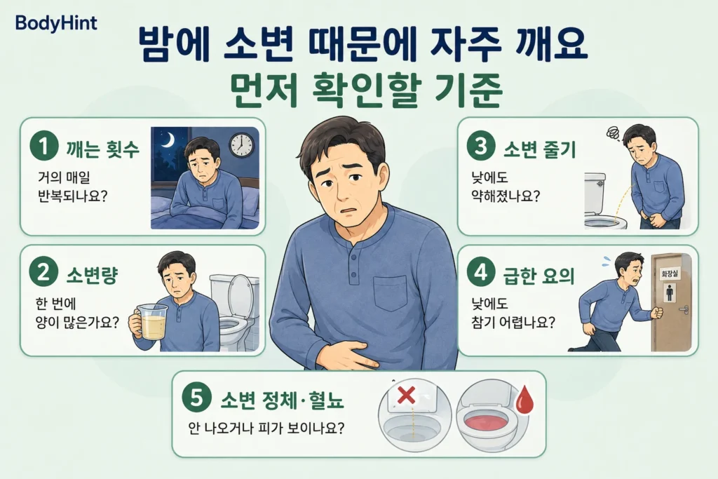 밤에 소변 때문에 자주 깰 때 깨는 횟수, 소변량, 소변 줄기, 급한 요의, 소변 정체·혈뇨를 먼저 확인하는 기준을 중년 남성 대표캐릭터와 함께 정리한 이미지