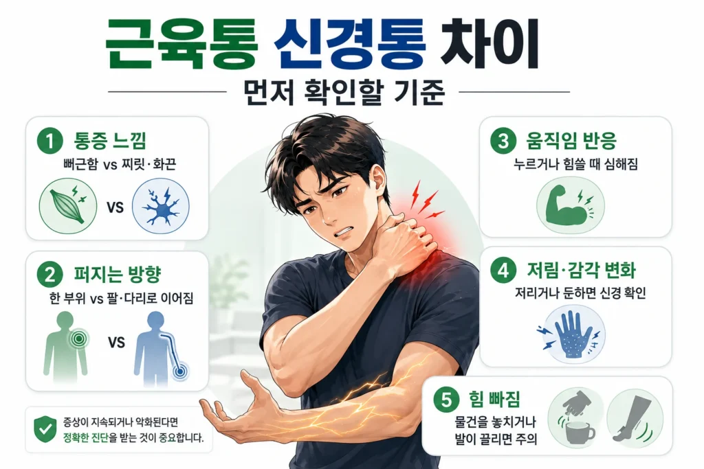 근육통과 신경통을 구분할 때 통증 느낌, 퍼지는 방향, 움직임 반응, 저림·감각 변화, 힘 빠짐을 먼저 확인하는 기준을 남성 대표캐릭터와 함께 정리한 이미지