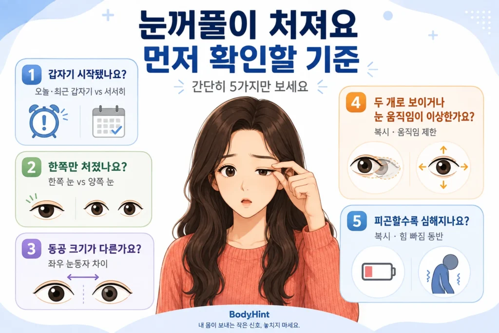 눈꺼풀이 처질 때 갑작스러운 시작 여부, 한쪽 또는 양쪽 처짐, 동공 크기 차이, 복시·눈 움직임 이상, 피로할수록 심해지는 변화와 근력 저하를 대표캐릭터와 함께 정리한 이미지