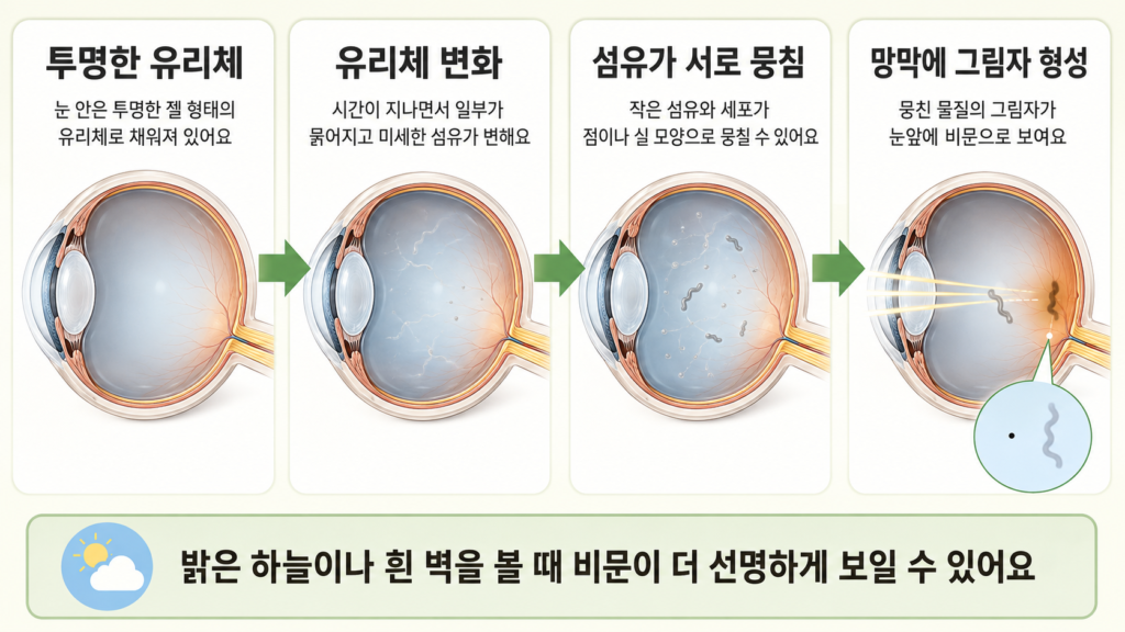 유리체 내부 섬유가 뭉쳐 망막에 그림자를 만들고 눈앞에 점이나 실 모양으로 보이는 과정을 설명한 일러스트