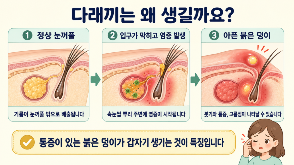 속눈썹 주변 눈꺼풀 기름샘에 급성 염증이 생겨 붉은 덩이와 통증이 나타나는 다래끼의 진행 과정을 설명한 일러스트