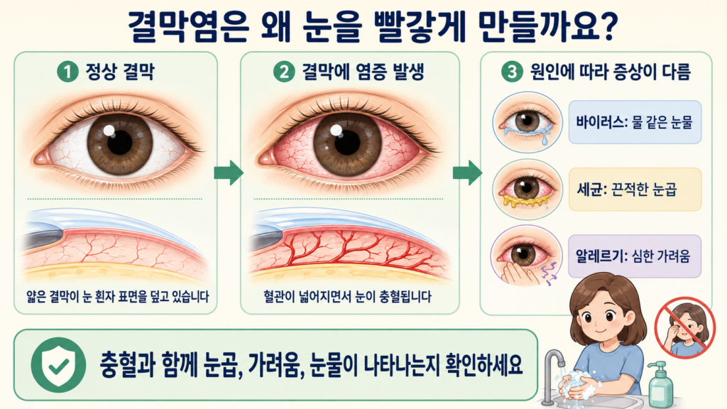 바이러스·세균 또는 알레르기 반응으로 결막에 염증이 생겨 충혈과 눈곱, 가려움이 나타나는 과정을 설명한 일러스트