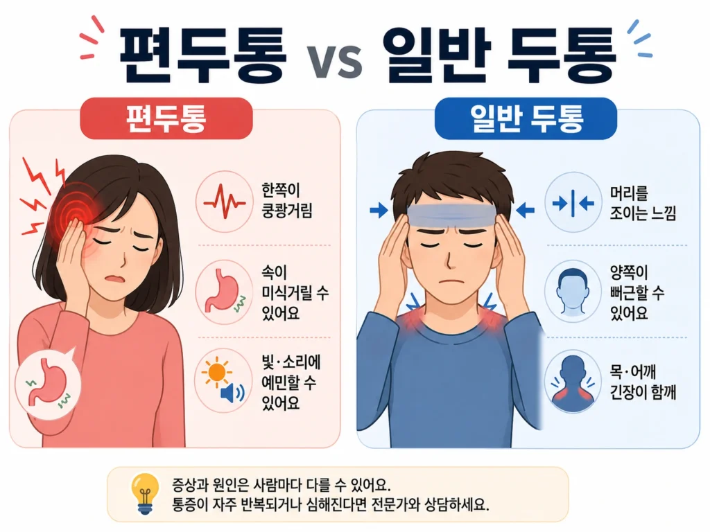한쪽 머리가 쿵쾅거리고 속이 미식거리며 빛과 소리에 예민해질 수 있는 편두통과, 머리를 조이는 느낌과 양쪽 통증·목과 어깨 긴장이 나타나는 긴장성 두통을 비교한 이미지