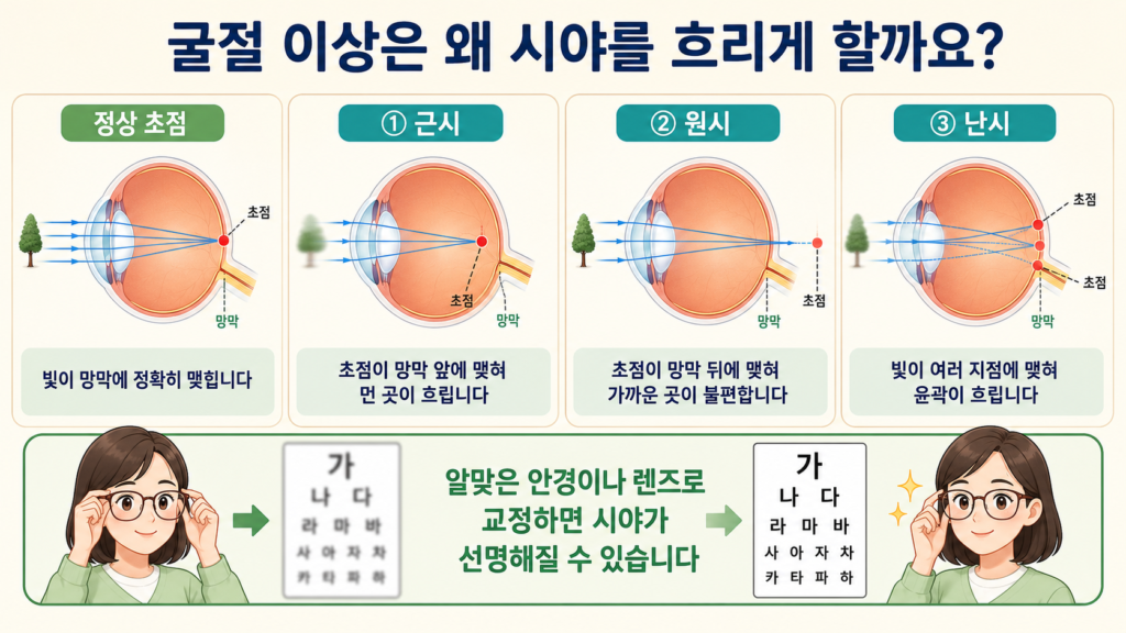 근시·원시·난시로 빛의 초점이 망막 앞이나 뒤 또는 여러 지점에 맺혀 시야가 흐릿해지는 과정을 비교한 일러스트