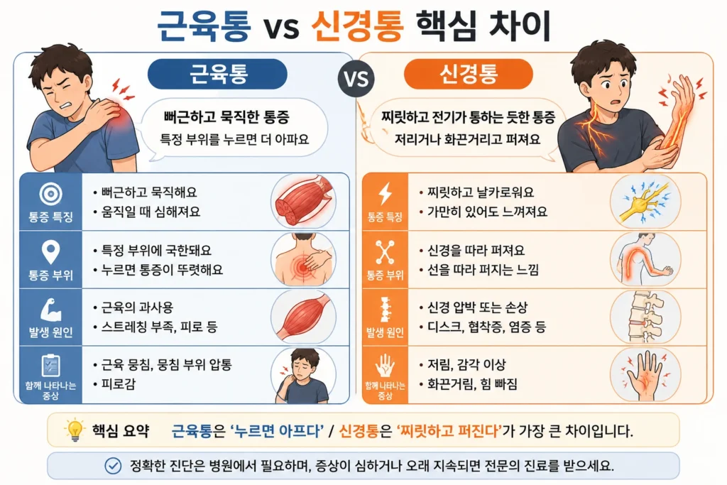 근육통의 뻐근하고 누르면 아픈 통증과 신경통의 찌릿하고 저리며 퍼지는 통증을 비교한 이미지