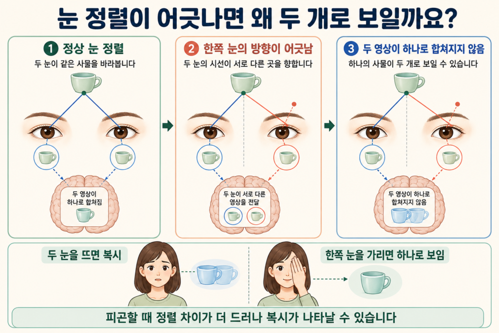 양쪽 눈이 같은 사물을 바라보지만 눈의 방향이 어긋나 두 영상이 하나로 합쳐지지 않고 복시가 나타나는 과정을 설명한 일러스트