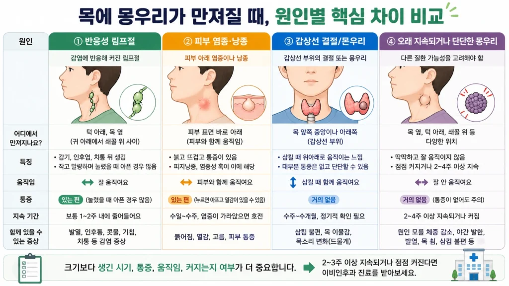 반응성 림프절, 피부 염증과 낭종, 갑상선 부위 몽우리, 오래 지속되거나 단단한 목 몽우리의 위치와 특징을 비교한 이미지 