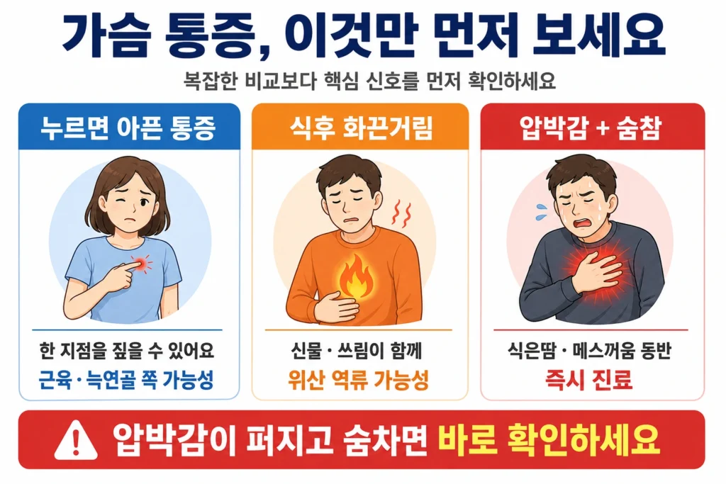 누르면 아픈 가슴 통증, 식후 화끈거리는 통증, 압박감과 숨참이 동반되는 가슴 통증의 핵심 차이를 비교한 이미지