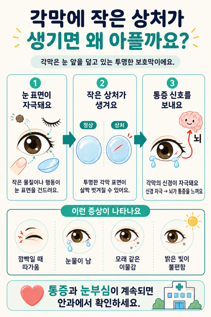 각막 표면에 작은 상처가 생겨 신경이 자극되고 통증과 눈물, 이물감이 나타나는 과정을 설명한 일러스트