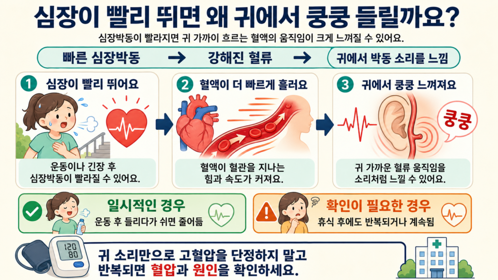 심장박동과 혈류 속도가 빨라지면서 귀 가까이 있는 혈관의 움직임이 크게 느껴지는 과정을 초보자와 학생도 이해하기 쉽게 설명한 가로형 일러스트