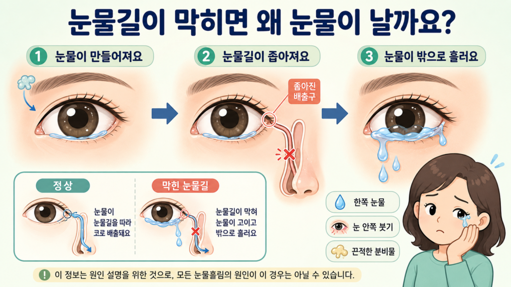 정상 눈물길과 좁아지거나 막힌 눈물길을 비교하고 눈물이 코로 배출되지 못해 밖으로 흐르는 과정을 초보자와 학생도 이해하기 쉽게 설명한 가로형 일러스트