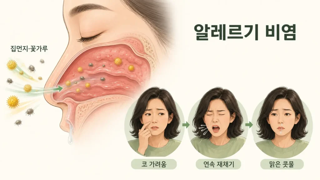 집먼지와 꽃가루가 코를 자극한 뒤 ‘코 가려움 → 연속 재채기 → 맑은 콧물’로 이어지는 과정을 복잡한 단면도 없이 세 단계 화살표로 보여주는 가로형 쉬운 원리 설명 이미지